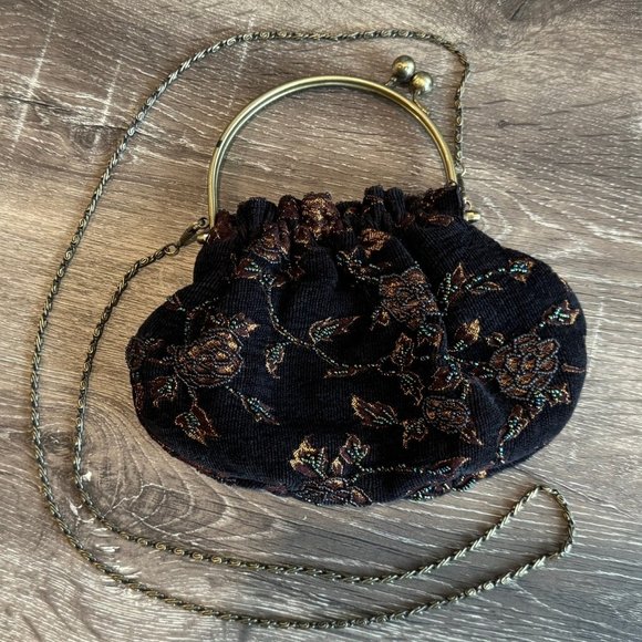 No Brand Handbags - Brown and Black Velvet Purse with Beaded Details and Satin Lining.